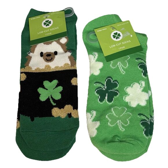 Set of 2 St Patrick’s Day Low Cut Leprechaun Shamrock Green Socks For Women NEW! - Picture 1 of 8